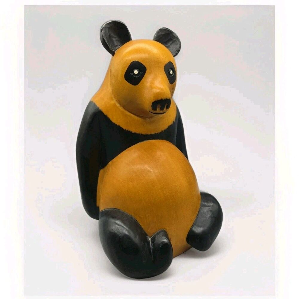 Wood hand-Carved Panda Bear Statue 12" Vintage 70-80s Sarreid Made In Spain